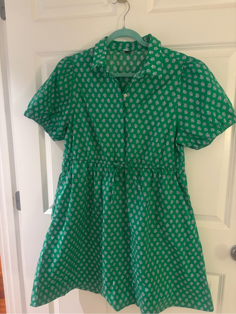 J. Crew Green Short-Sleeve Button-Front Mini Dress with White Floral Print